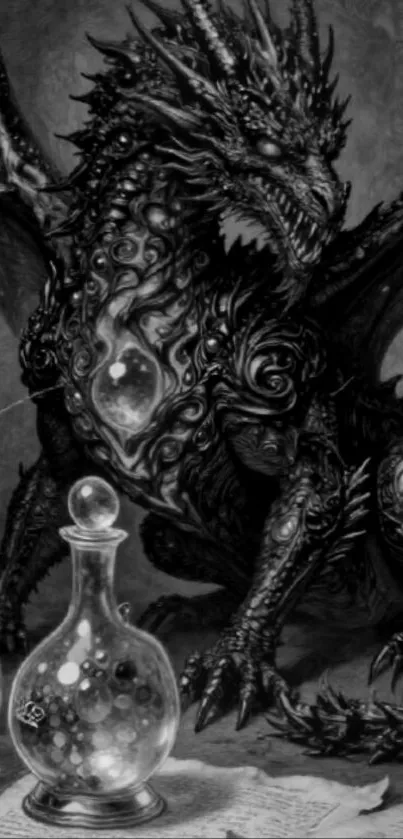 Intricate mystical dragon with bottles in gothic style.