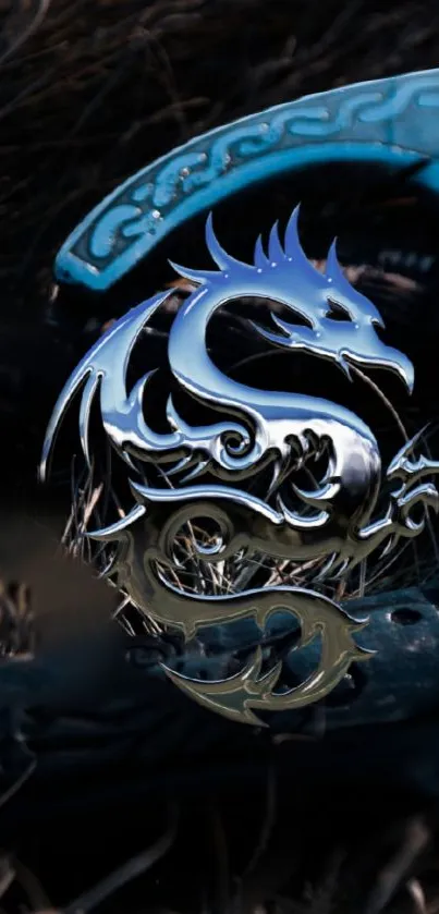 Mystical dragon-etched axe over grass background.
