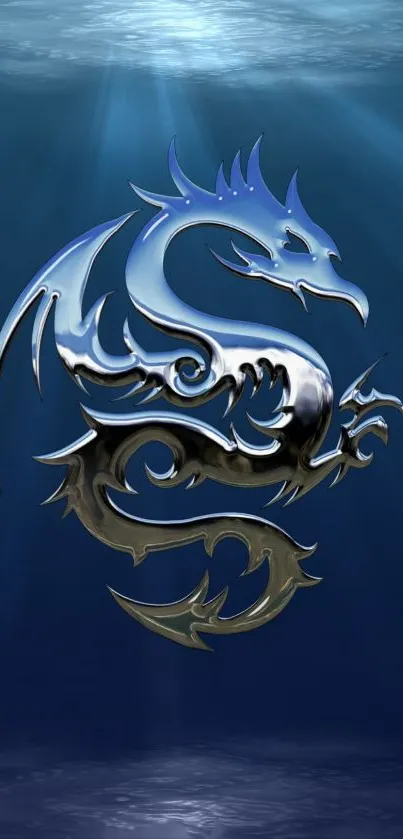 Metallic dragon on a deep blue background.