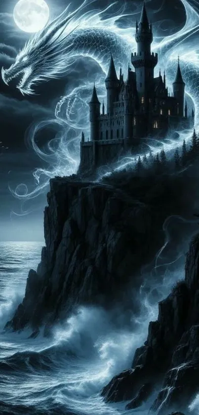 Dragon guarding a castle on cliffs under moonlight.