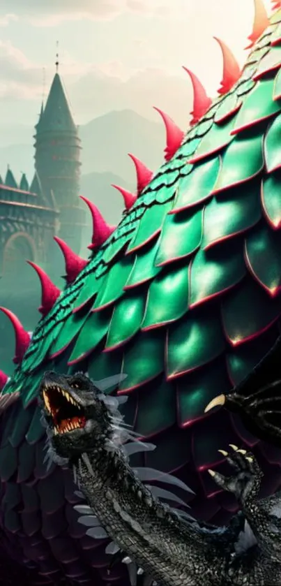 Vibrant dragon scales with a castle backdrop in a mystical fantasy setting.