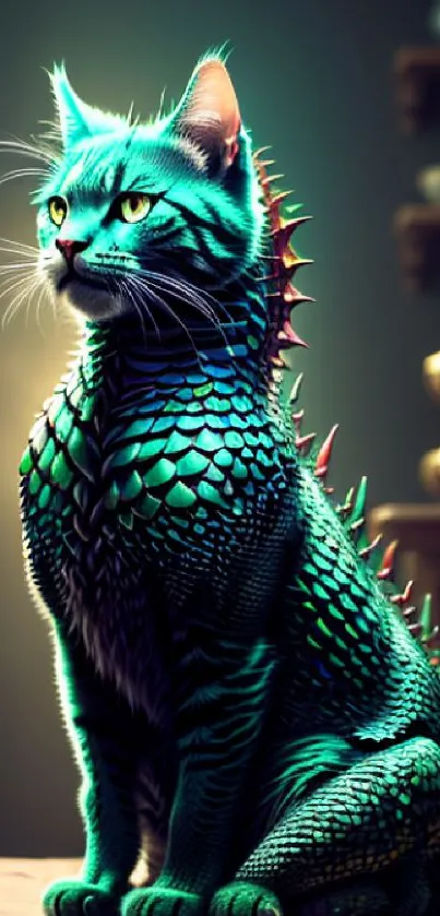 Mystical teal cat with dragon scales in a fantasy setting.