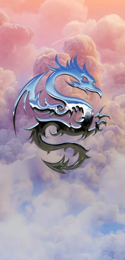 Mystical dragon with pastel clouds background.