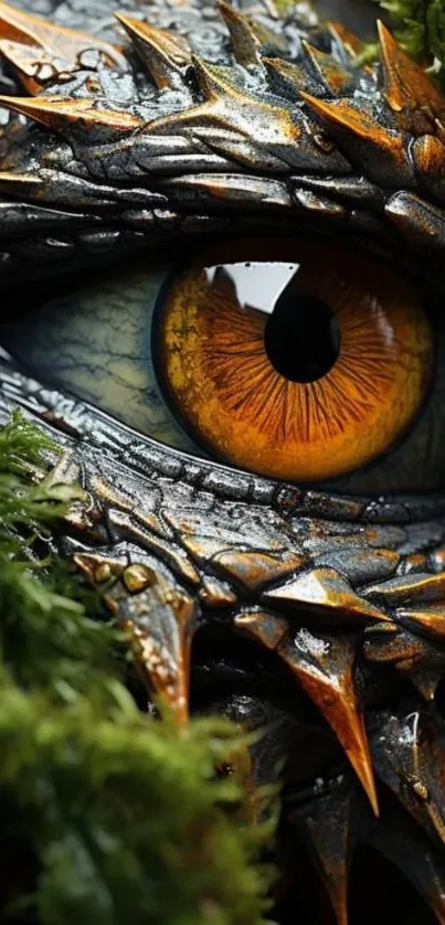 Close-up of a vibrant dragon eye with detailed scales and green moss.