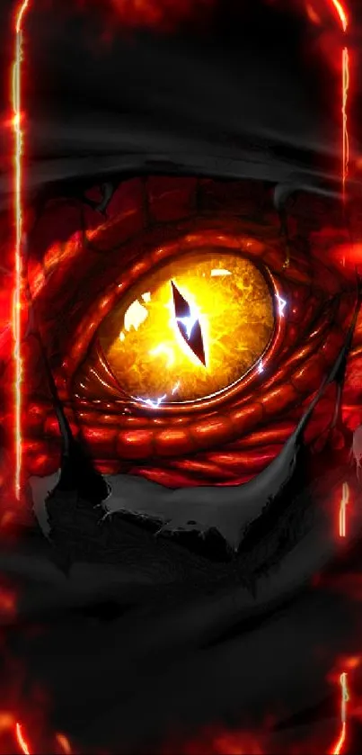 Fiery dragon eye glowing intensely against a dark background.