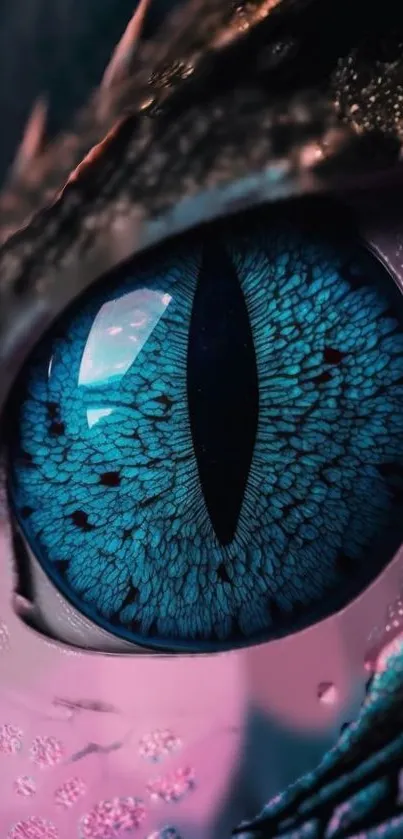 Close-up of a dragon's aqua blue eye with intricate details.
