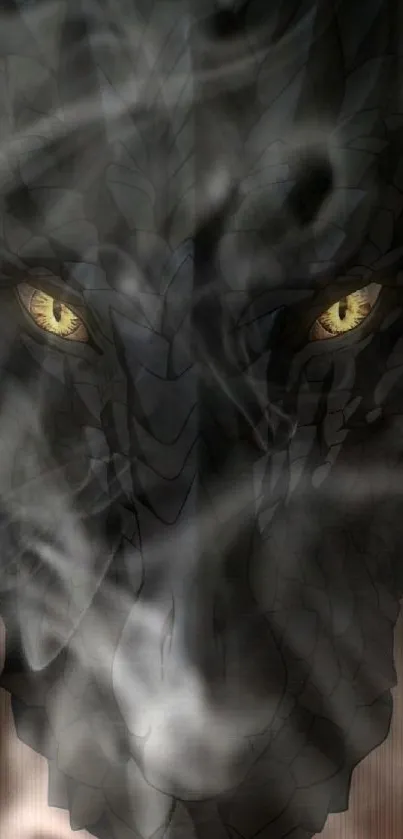 Dark dragon face with glowing yellow eyes.