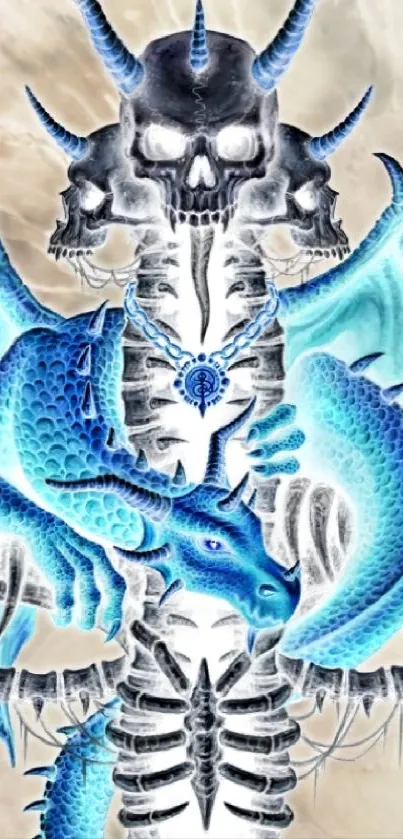 Surreal dragon with blue wings and skulls in fantasy art wallpaper.