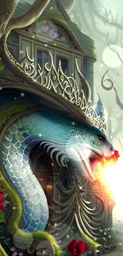 Mystical dragon with roses in fantasy artwork.