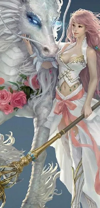 Fantasy art of woman with mystical dragon and pink flowers.