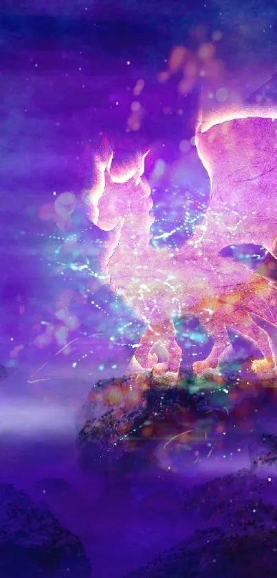 Mystical dragon in vibrant purple fantasy scene.