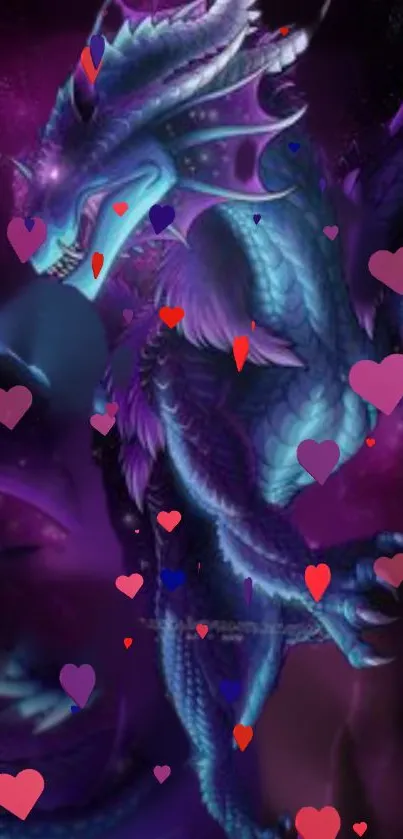 Mystical purple dragon with hearts fantasy artwork.