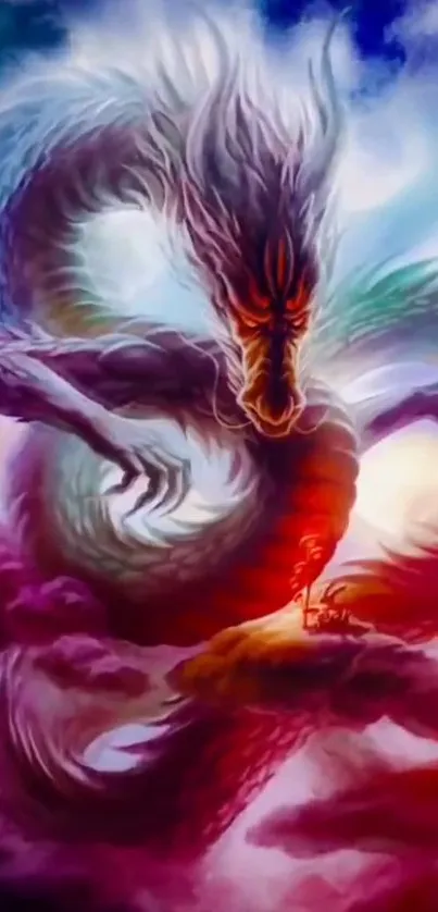 Mystical dragon soaring through colorful clouds in a fantasy art style.