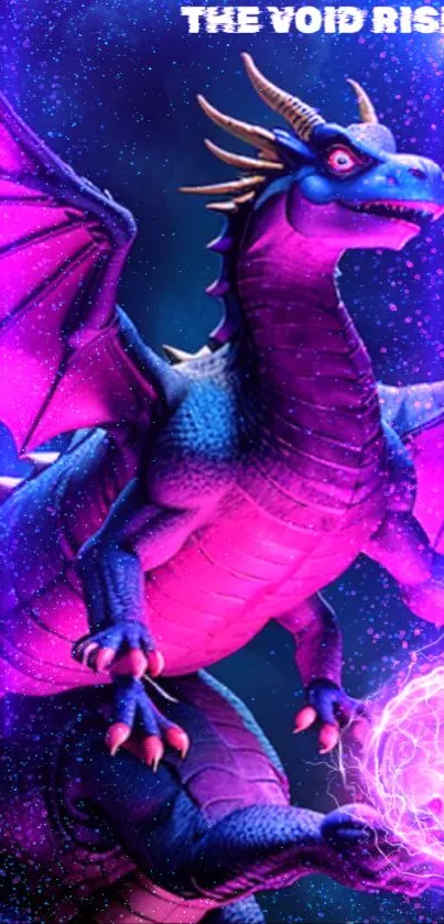 Dazzling dragon with glowing orb in purple and pink hues.