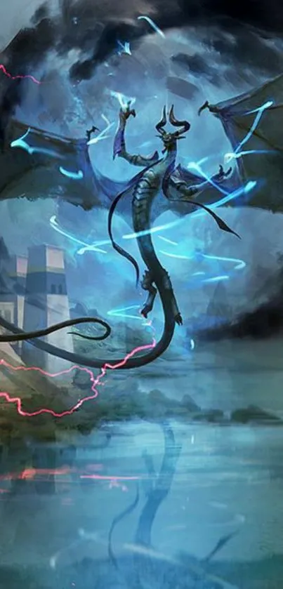 Mystical dragon with blue lightning in fantasy scenery.