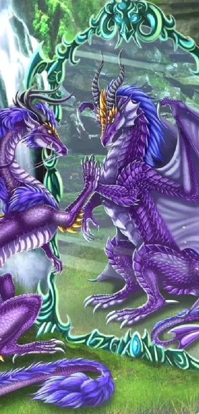 Purple dragon gazing into a magical mirror with nature backdrop.