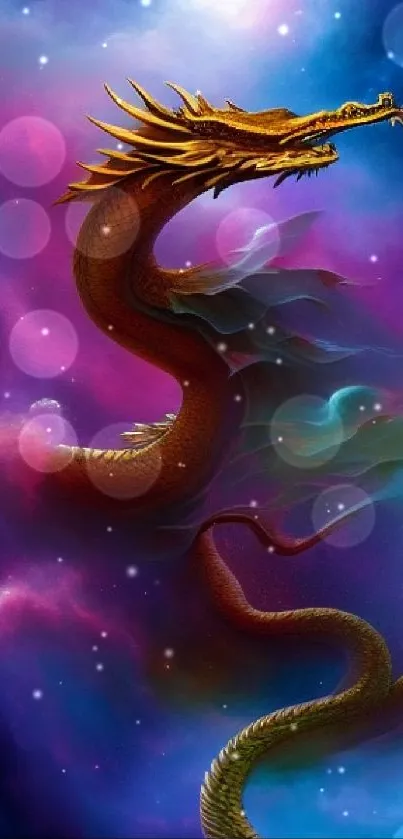 Mystical dragon in a vibrant cosmic scene with colorful bokeh effects.