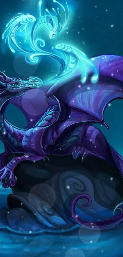 Purple dragon in moonlit fantasy scene on rock.