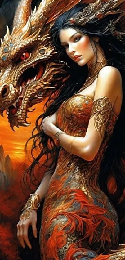 Fantasy art of a dragon with a sorceress.