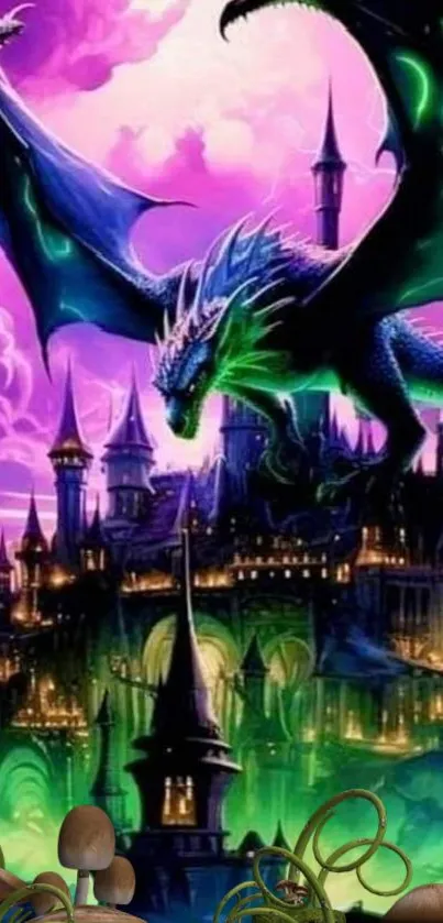 Dragon soaring over mystical castle in vibrant fantasy art.