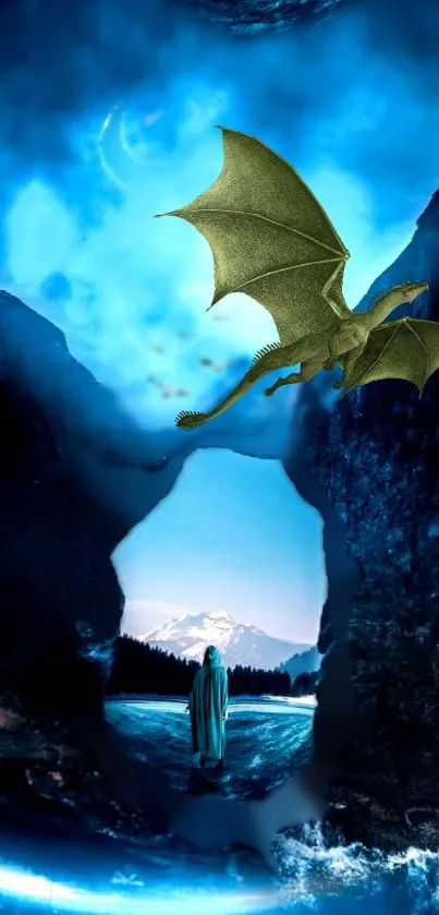 Fantasy wallpaper with dragon flying over icy landscape and mysterious figure.