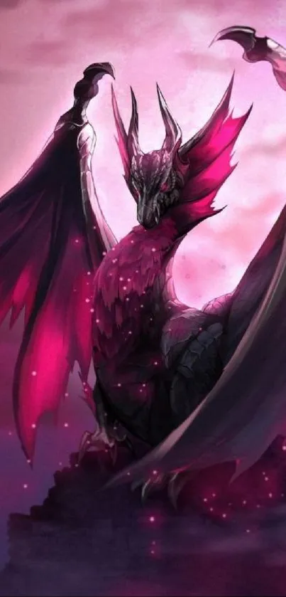 A mystical dragon with pink and dark hues in a fantasy moonlit scene.