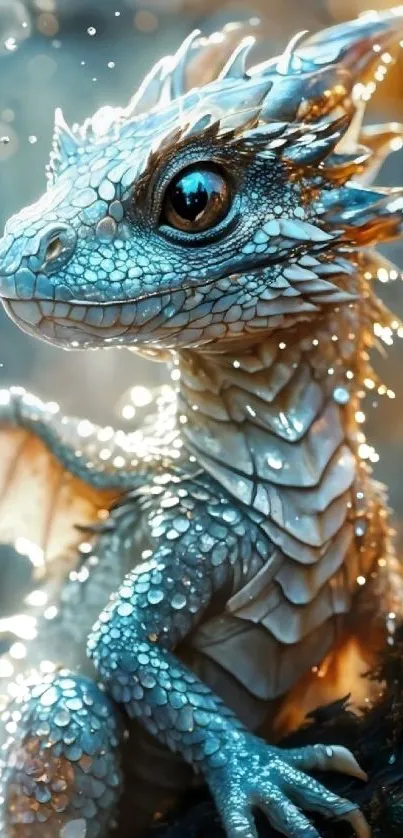 Cute blue dragon with scaly detail and a magical background.
