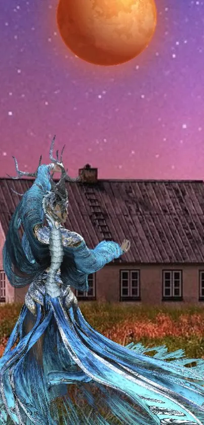 Mystical dragon under a twilight moonlit sky with farmhouse backdrop.