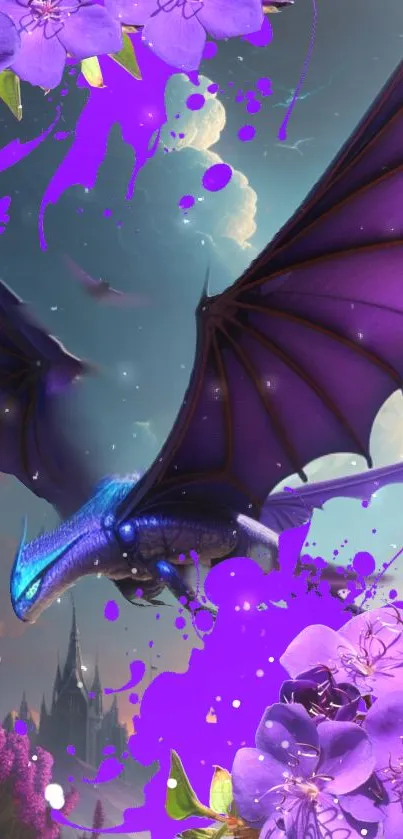 Mystical dragon with purple wings and floral accents in fantasy sky.