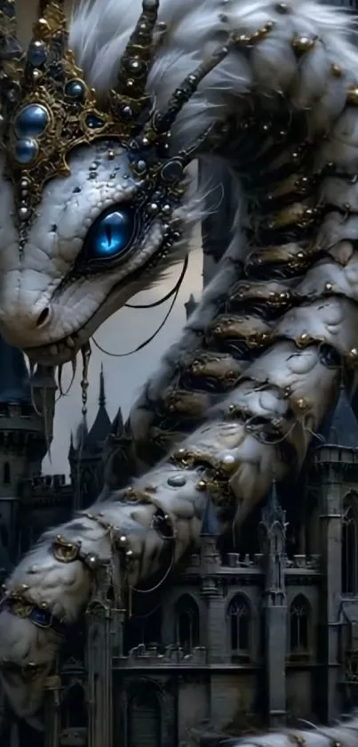 Mystical dragon with blue eyes overlooking a gothic castle.
