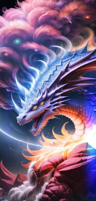 A vibrant dragon emerges from colorful clouds in a fantasy landscape.