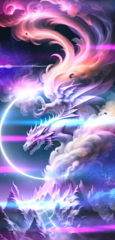 Fantasy dragon soaring through mystical, colorful clouds in cosmic landscape.