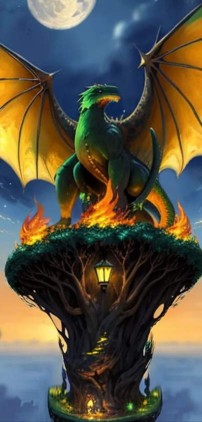 Mystical dragon perched on a fiery, enchanted tree under the moonlight.