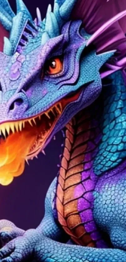 Vibrant blue dragon breathing fire on mobile wallpaper.