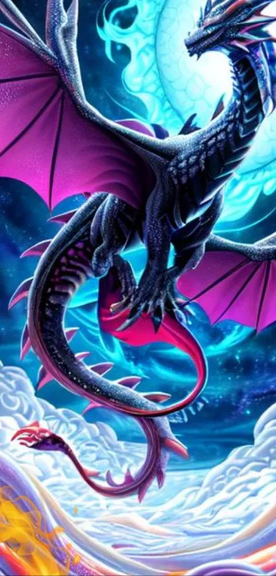 Majestic dragon flying in mystical night sky with vibrant colors.