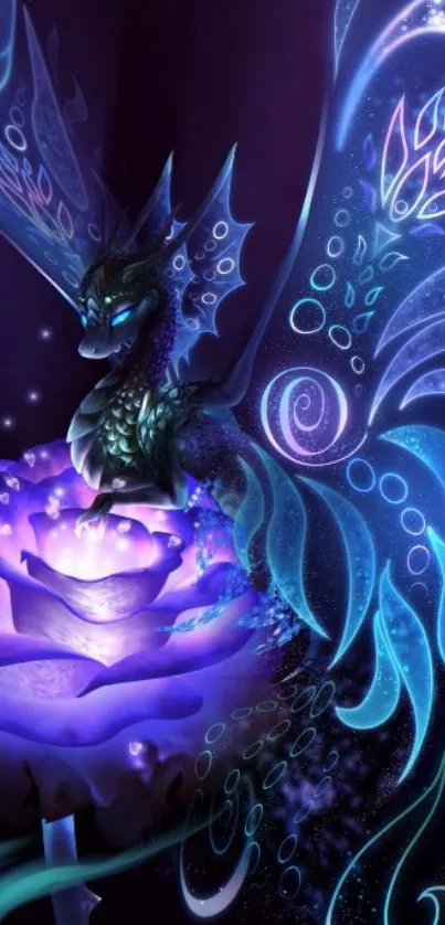 Luminous dragon perched on a glowing purple flower, adding mystical fantasy to your device.