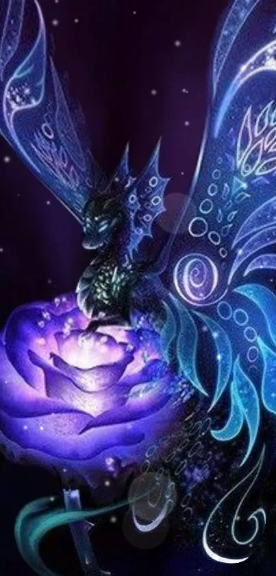 Mystical dragon with vibrant wings on a glowing flower.