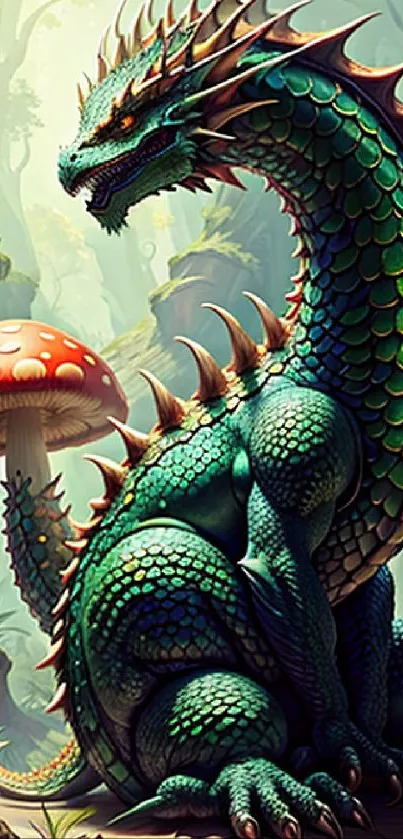 A vibrant dragon in a mystical forest with large mushrooms.