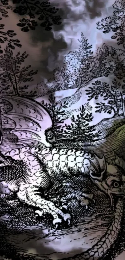 Illustration of a dragon resting in a mystical forest setting.