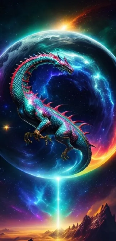 Mystical dragon floats in a vibrant cosmic galaxy setting.