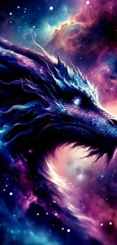 Mystical dragon in a vibrant purple galaxy setting.