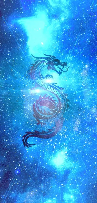 Mystical dragon design on blue galaxy background.