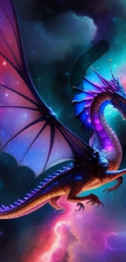 Mystical dragon flying in a colorful galaxy sky.