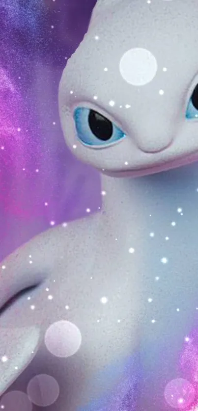 Whimsical dragon in a vibrant purple galaxy.
