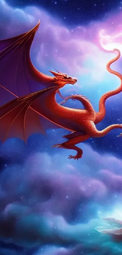 Mobile wallpaper with a dragon soaring in a colorful starry galaxy sky.