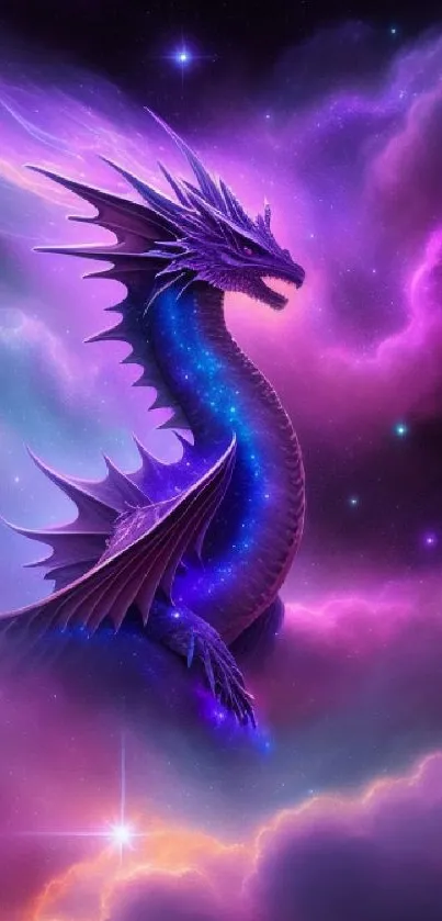 Purple dragon flying through a vibrant galaxy with colorful, celestial clouds.