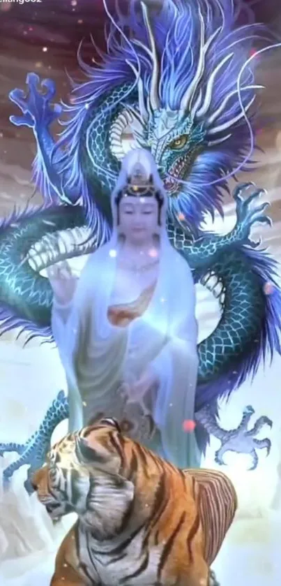 Mystical goddess with dragon and tiger in ethereal landscape.