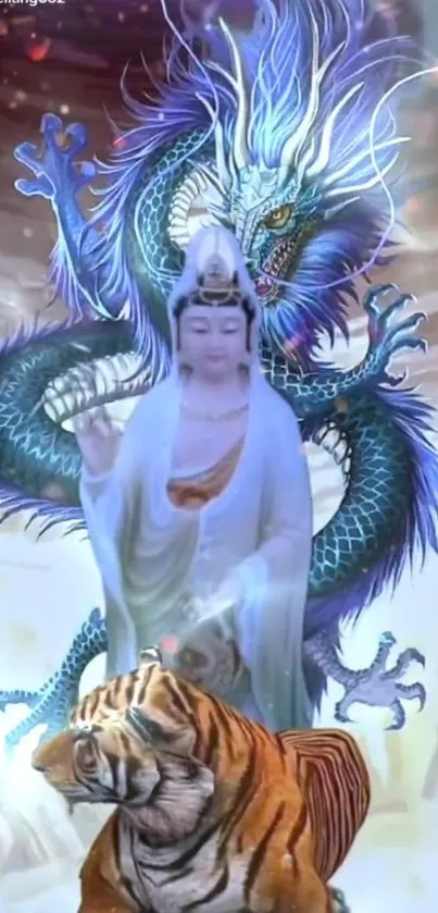 Mystical deity with a blue dragon and tiger on a serene background.