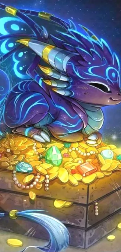 Colorful dragon guarding treasure in fantasy art style.