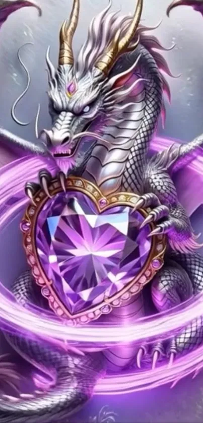 A mystical dragon clutching a heart-shaped purple crystal in a fantasy scene.